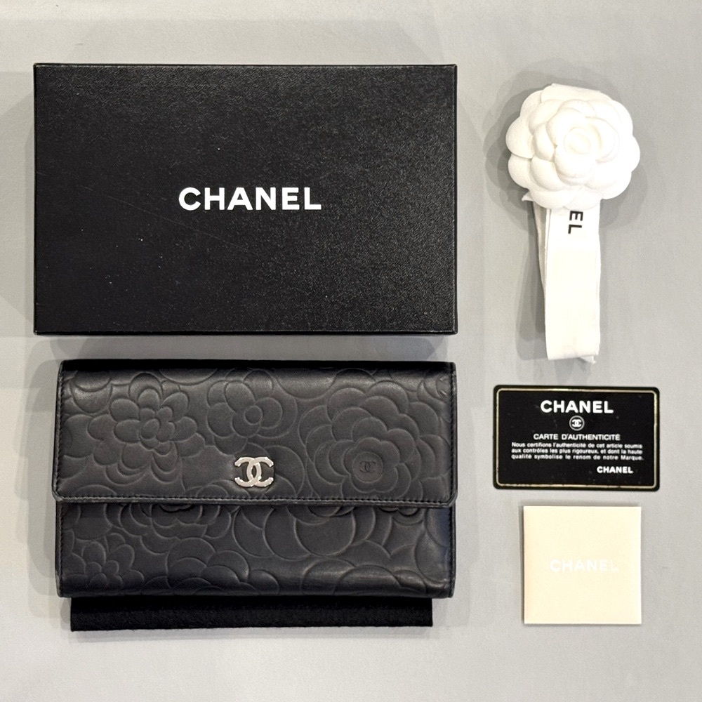 CHANEL Lambskin Camellia Embossed Large Flap Wallet